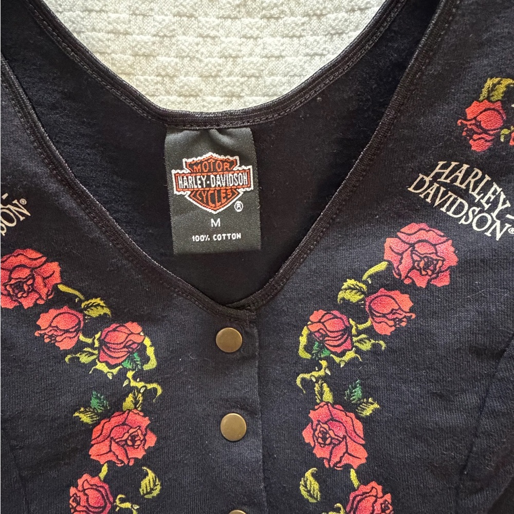 Harley-Davidson Vintage Women's Black Floral Button-Up Vest - Picture 2 of 4